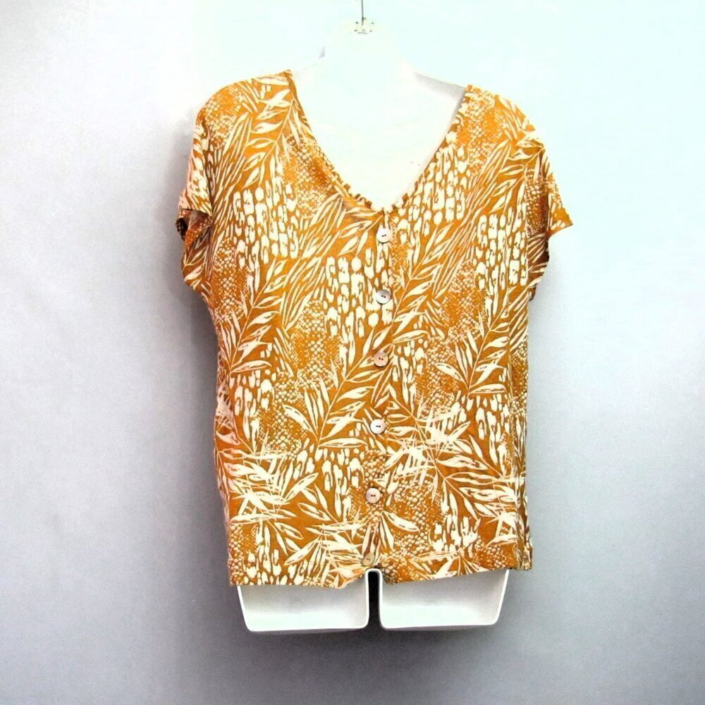 Christian Siriano NY Sz Med 100% Linen Top Iridescent Button Back Yellow White